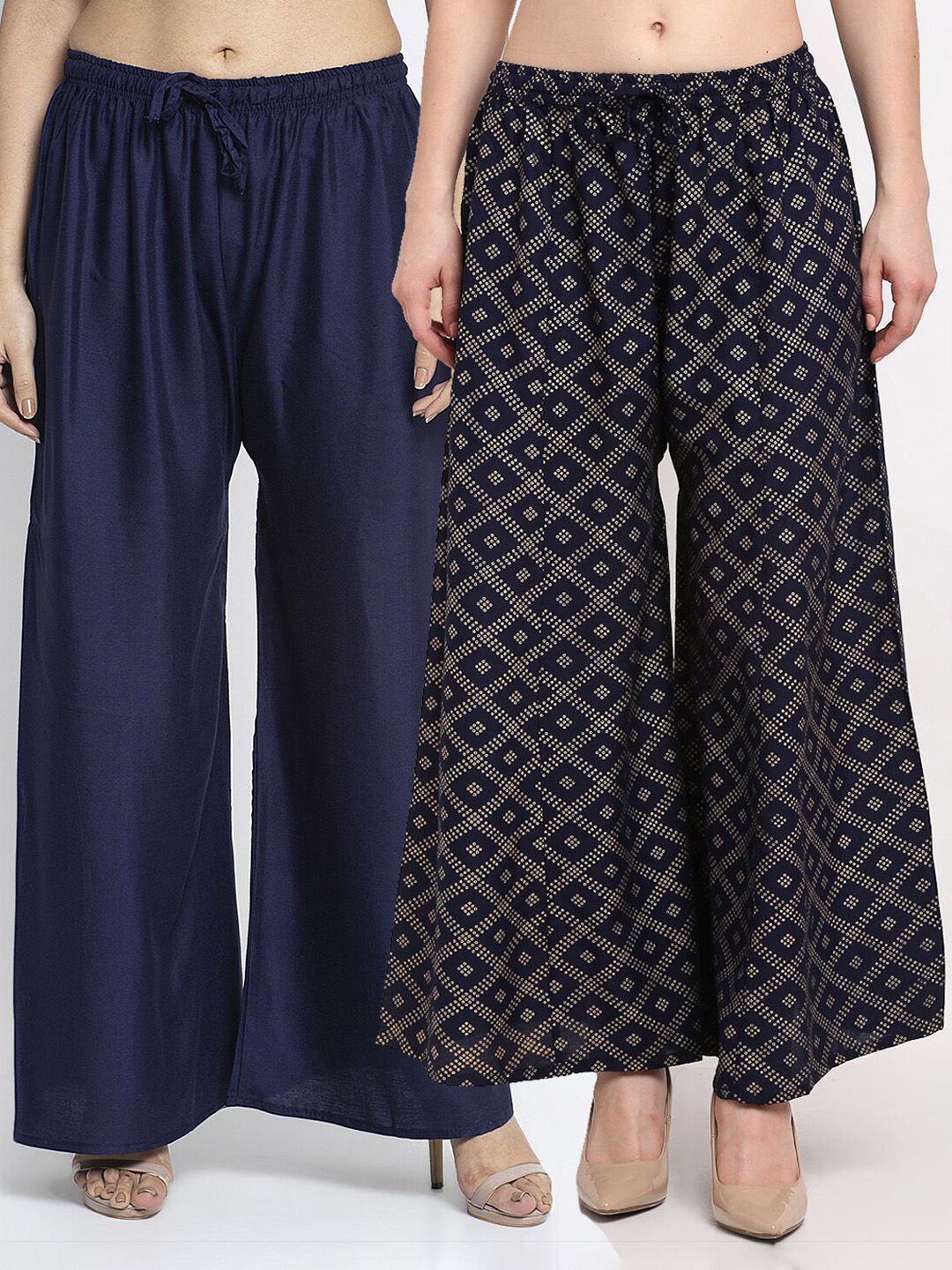 GRACIT Women Navy Blue & Gold-Toned Printed Flared Knitted Ethnic Palazzos Price in India