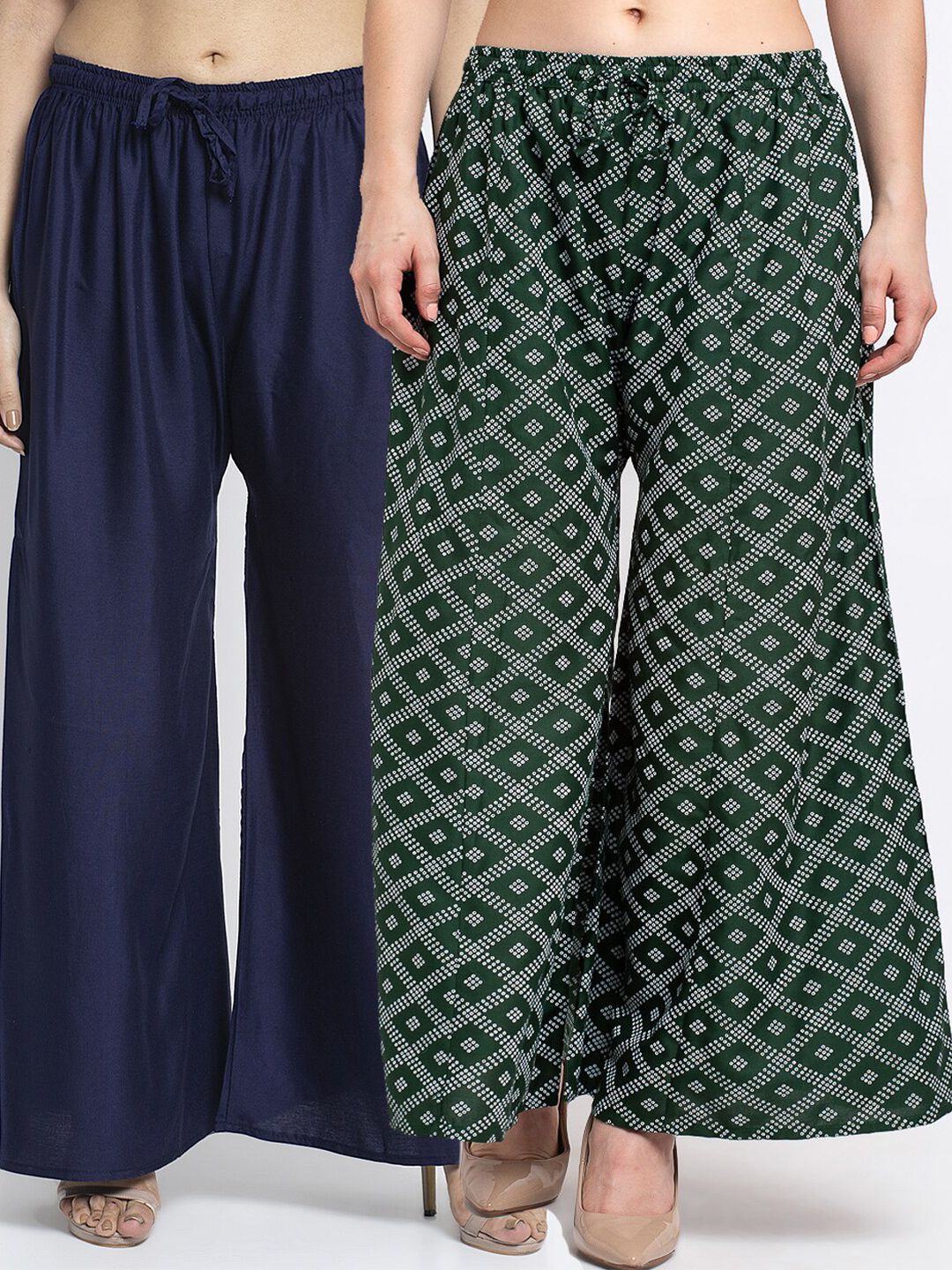 GRACIT Women Pack Of 2 Navy Blue & Green Block Printed Flared Palazzos Price in India