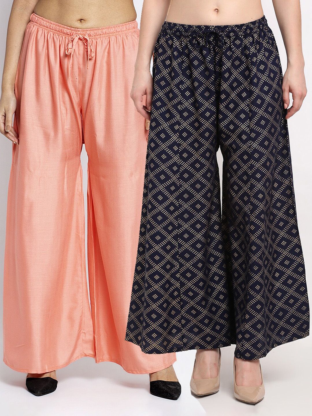 GRACIT Women Pack of 2 Peach-Coloured & Navy Blue Flared Palazzos Price in India