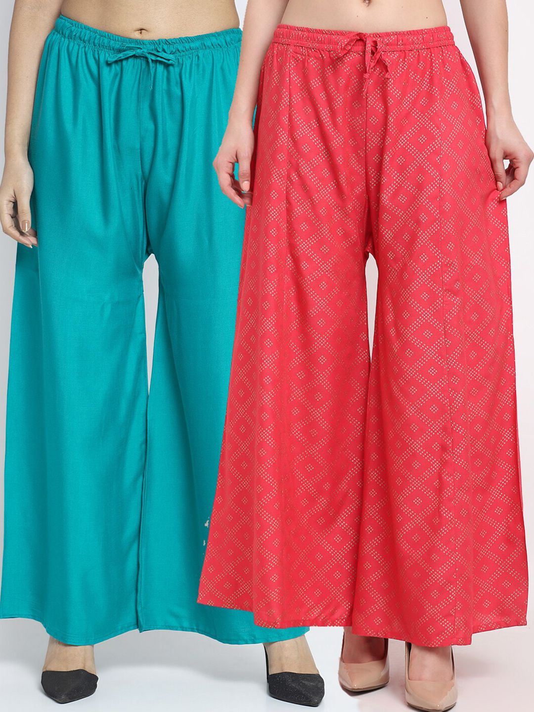 GRACIT Women Sea Green & Red 2 Printed Flared Knitted Ethnic Palazzos Price in India