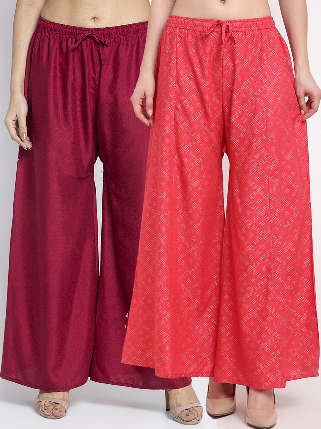 GRACIT Women Pack Of 2 Maroon & Pink Block Printed Flared Knitted Ethnic Palazzos Price in India