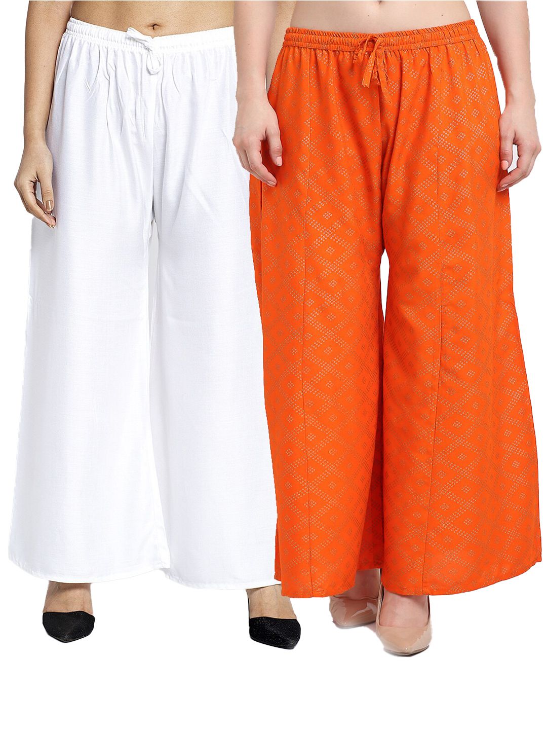 GRACIT Women White & Orange 2 Printed Flared Knitted Ethnic Palazzos Price in India