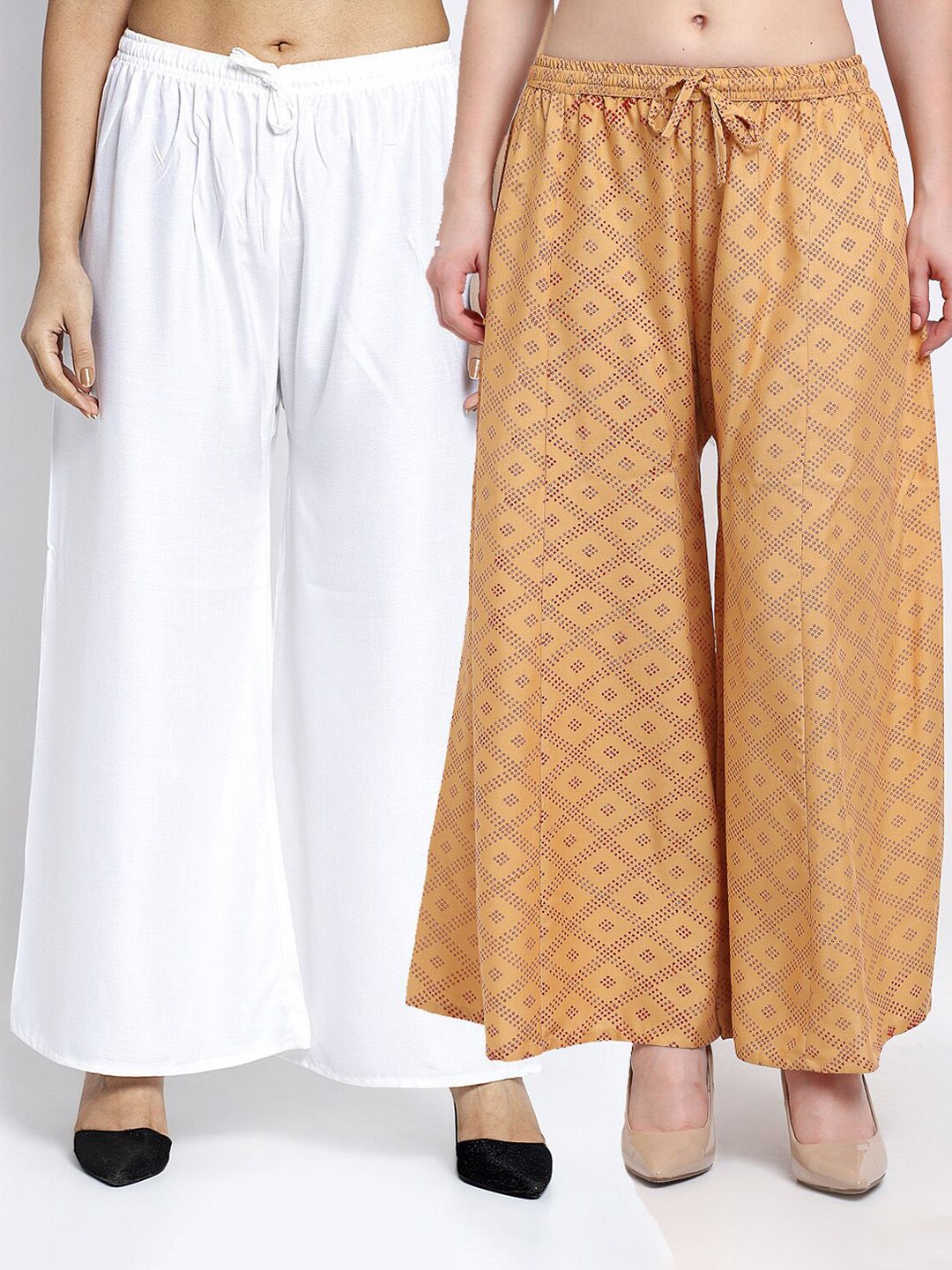 GRACIT Women  Set Of 2 White & Beige  Printed Flared Knitted Ethnic Palazzos Price in India