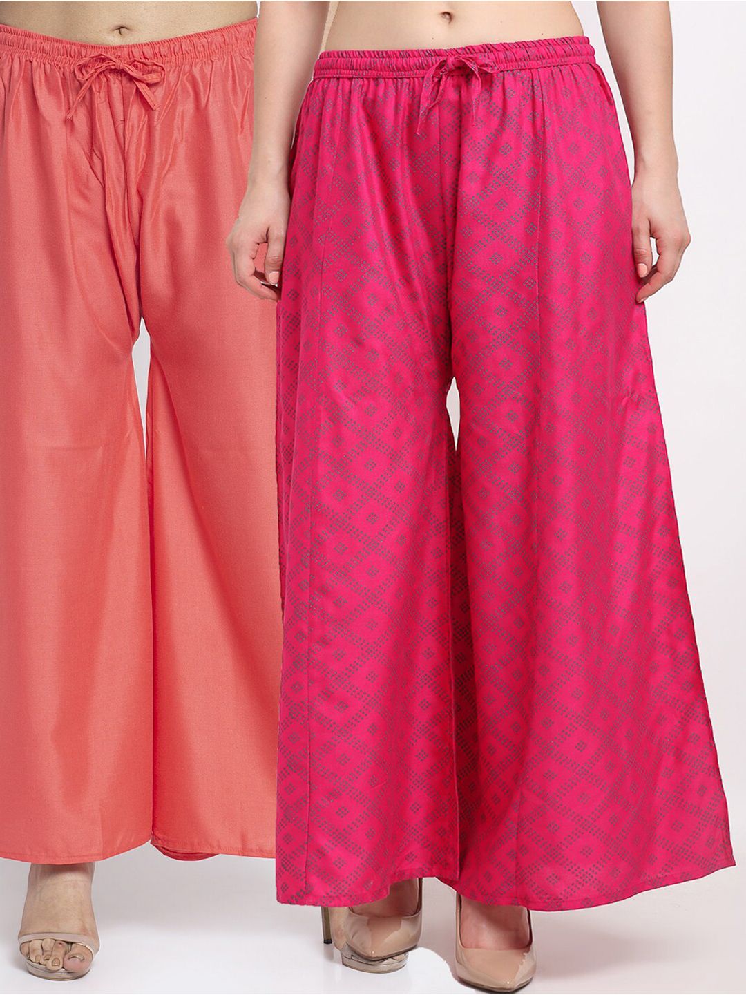 GRACIT Women Pack Of 2 Orange & Fuchsia Block Printed Wide Leg Palazzos Price in India