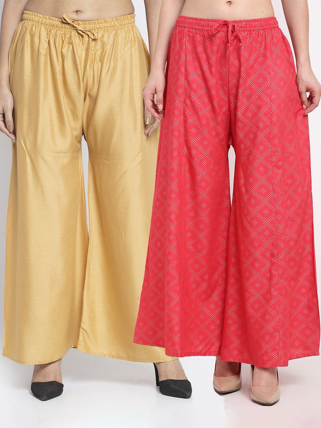 GRACIT Women Set of 2 Beige & Coral Solid Palazzos Price in India