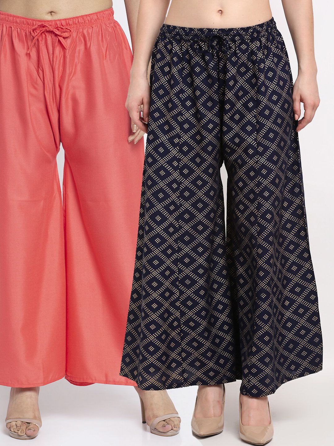 GRACIT Women Pack of 2 Peach-Coloured & Navy Blue 2 Printed Wide Leg Palazzos Price in India