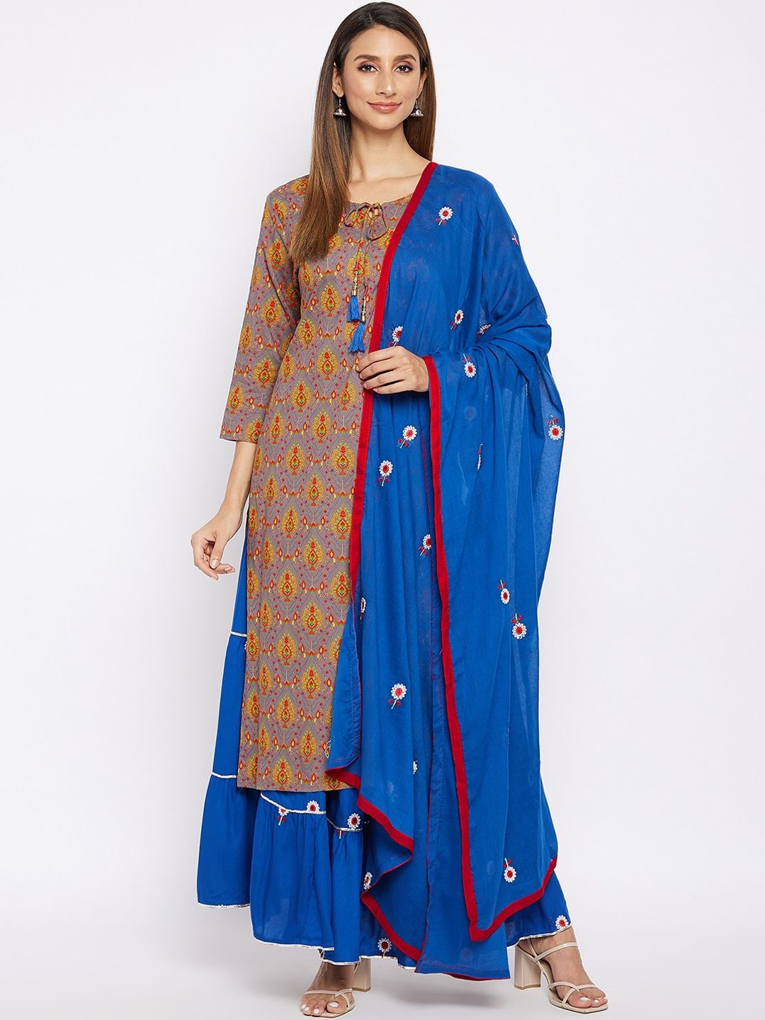 Prakhya Women Blue & Grey Ethnic Motifs Printed Gotta Patti Kurta with Sharara & Dupatta