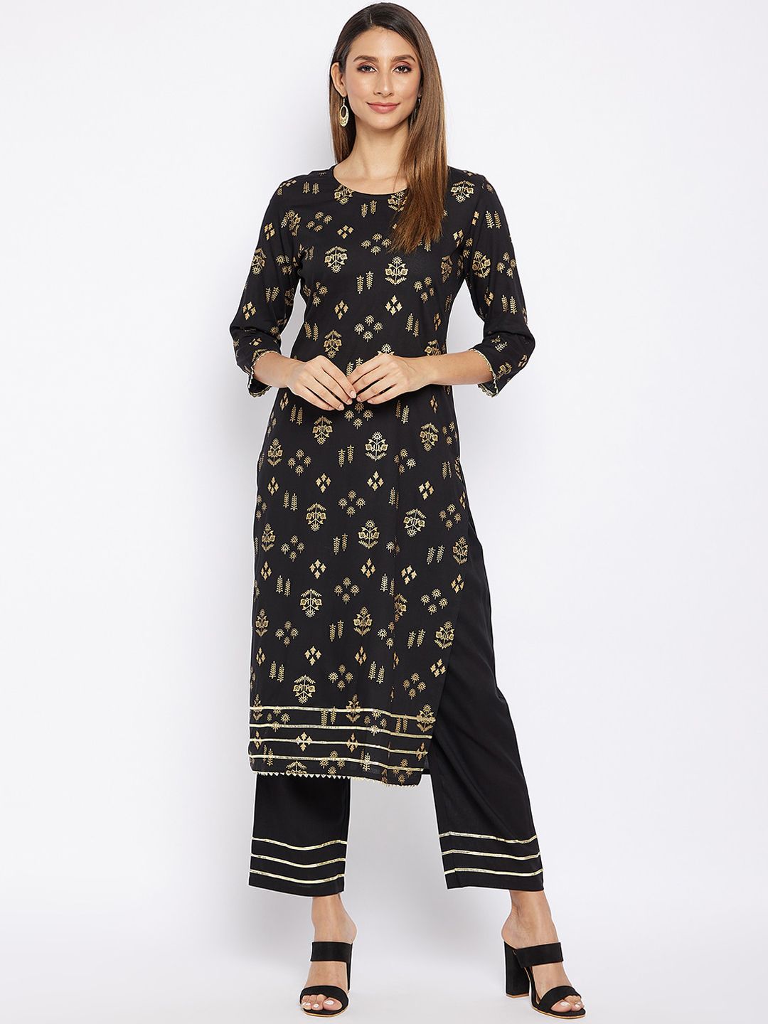 Prakhya Women Black & Gold Coloured Ethnic Motifs Printed Gotta Patti Kurta with Palazzos