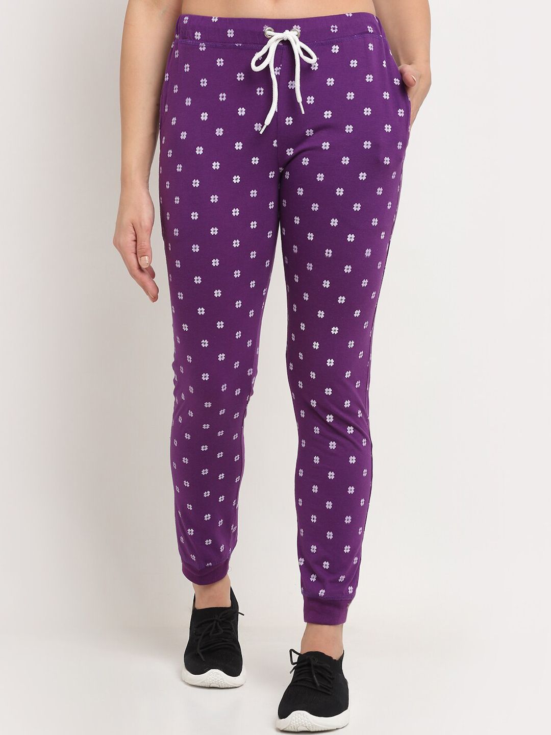 VIMAL JONNEY Women Purple & White Polka Dots Printed Track Pants Price in India