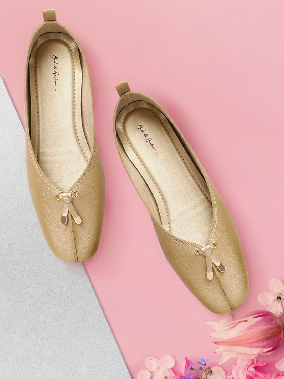 Mast & Harbour Women Gold-Toned Solid Ballerinas with Bows Price in India