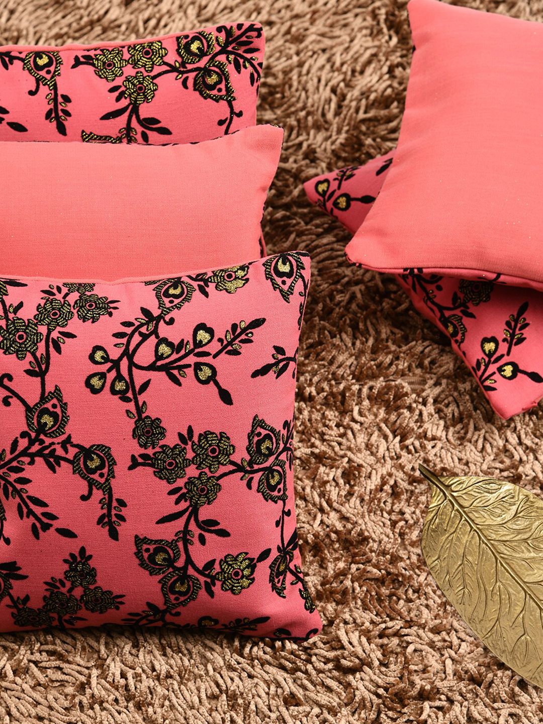 HOUZZCODE Coral & Black Set of 5 Floral Embellished Square Cushion Covers Price in India