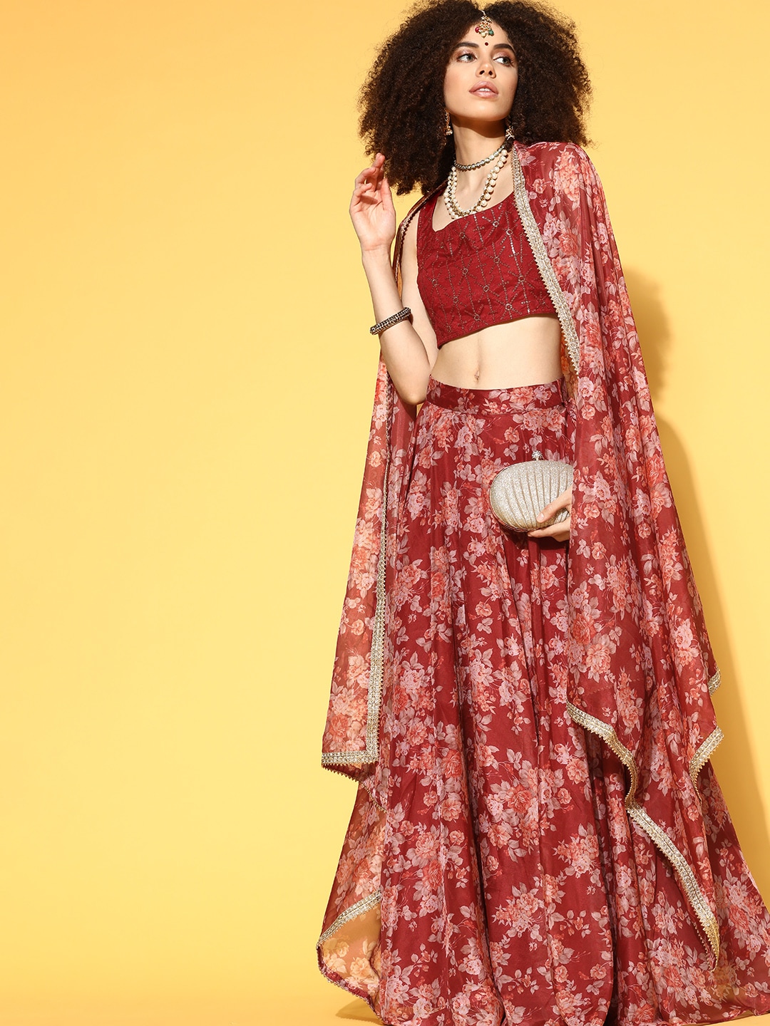 Inddus Gorgeous Red Embroidered Semi-Stitched Lehenga Choli with Dupatta Price in India