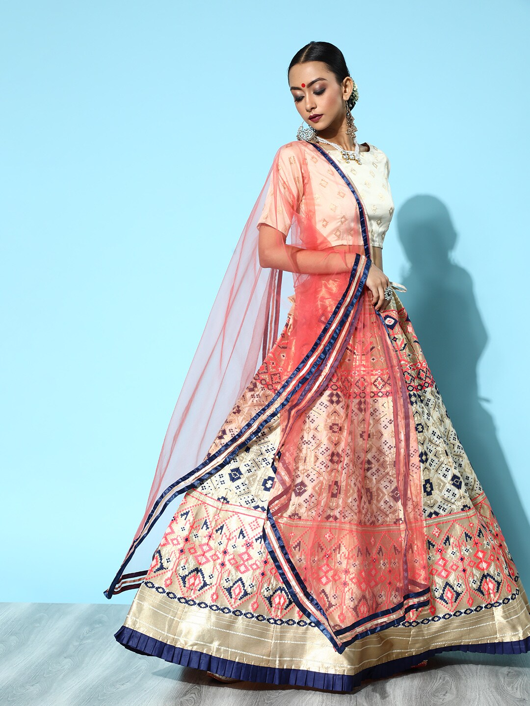 Inddus Beautiful Off White Woven Design Unstitched Lehenga Choli with Dupatta Price in India