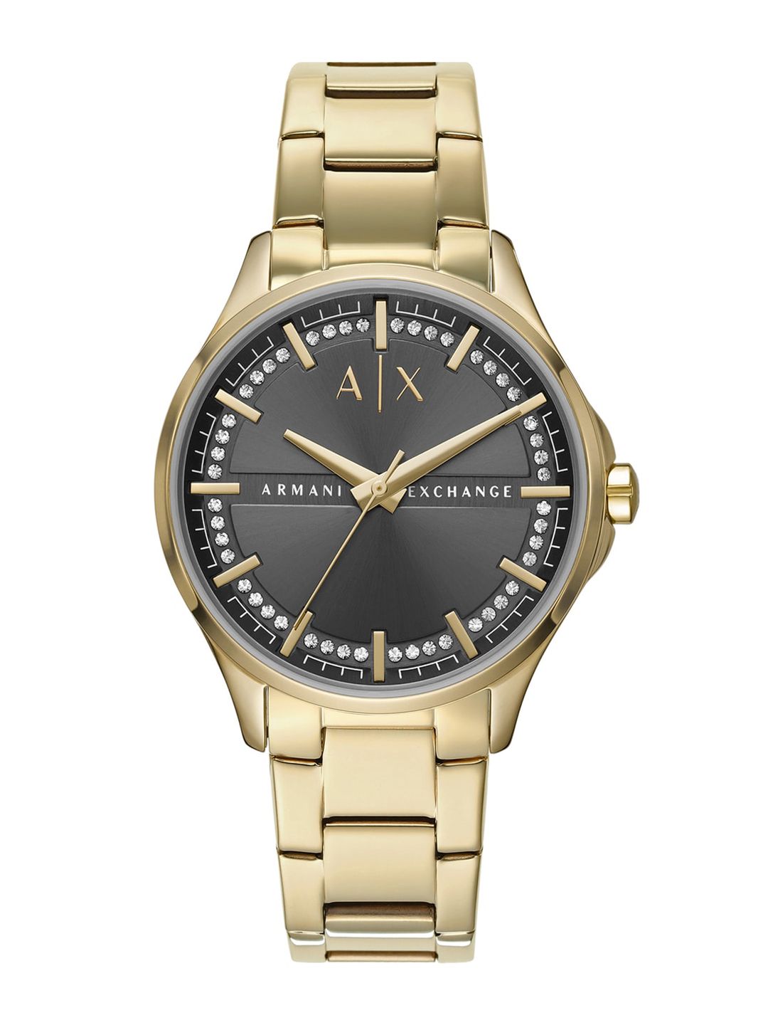 Armani Exchange Gold-Toned & Grey Embellished Dial & Bracelet Style Straps Analogue Watch Price in India
