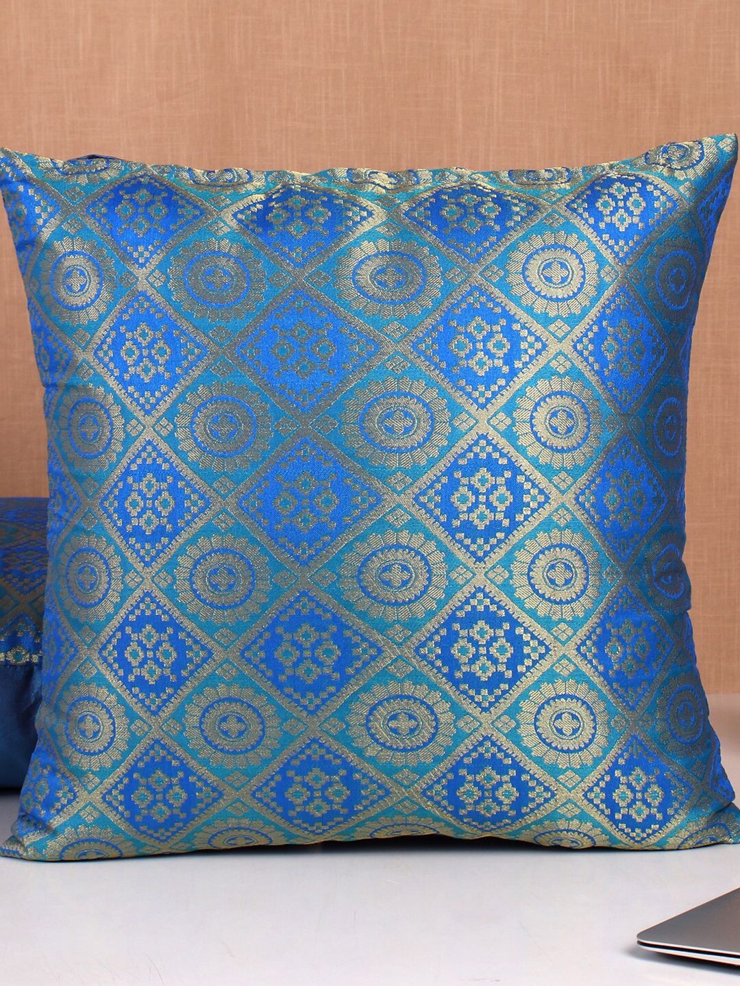 Molcha Set Of 5 Blue & Gold-Toned Banarasi Brocade Square Cushion Covers Price in India
