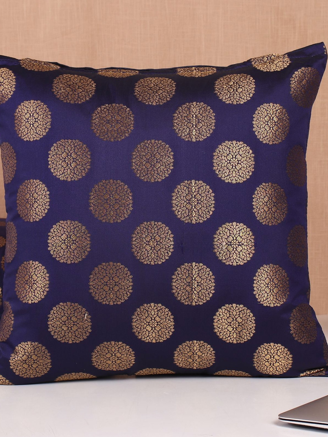 Molcha Set Of 5 Blue & Gold-Toned Banarasi Brocade Square Cushion Covers Price in India