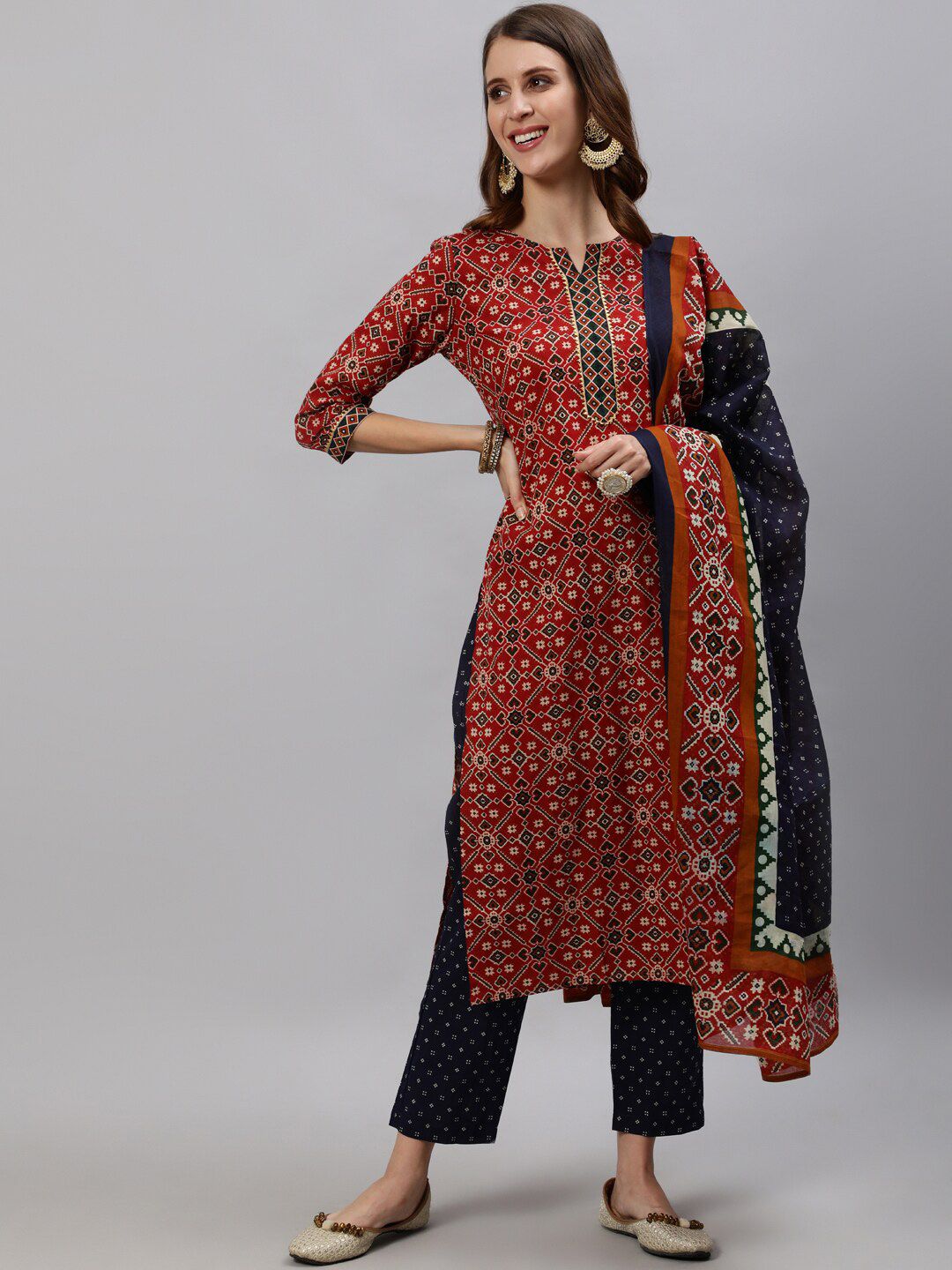 Anubhutee Women Maroon Ethnic Motifs Printed Gotta Patti Kurta with Trousers & Dupatta Price in India