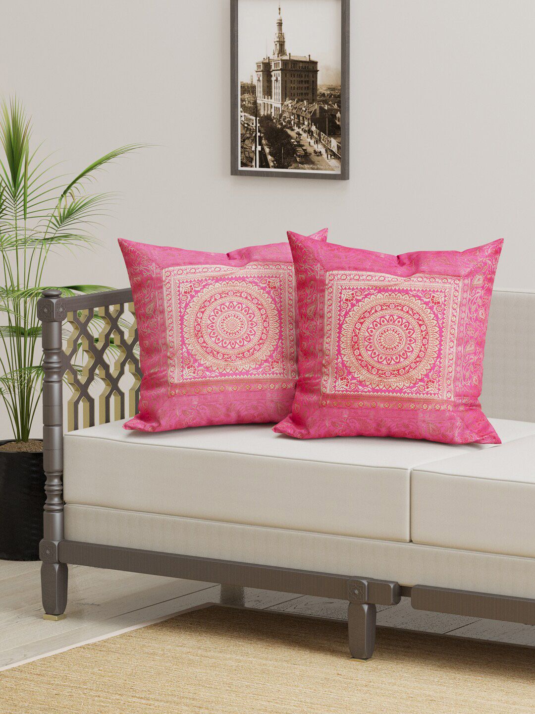 Gulaab Jaipur Set Of 2 Pink & Gold-Toned Cotton Silk Ethnic Motifs Square Cushion Covers Price in India