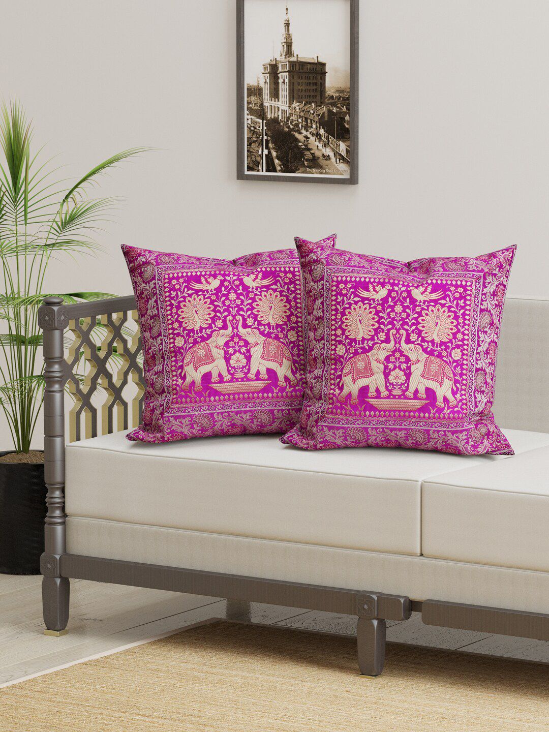 Gulaab Jaipur Set Of 2 Pink & Gold-Toned Cotton Silk Ethnic Motifs Square Cushion Covers Price in India