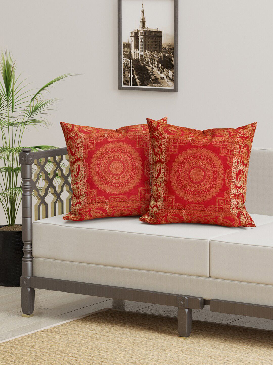 Gulaab Jaipur Set Of 2 Red & Gold-Toned Cotton Silk Ethnic Motifs Square Cushion Covers Price in India