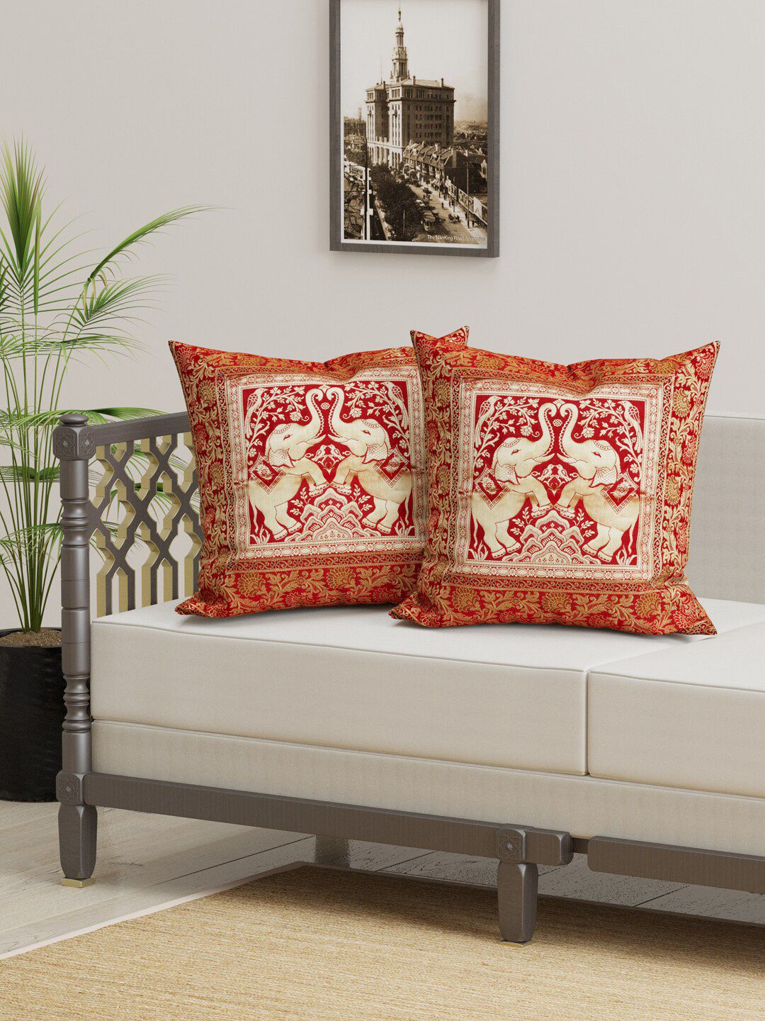 Gulaab Jaipur Set Of 2 Maroon & Beige Cotton Silk Ethnic Motifs Square Cushion Covers Price in India