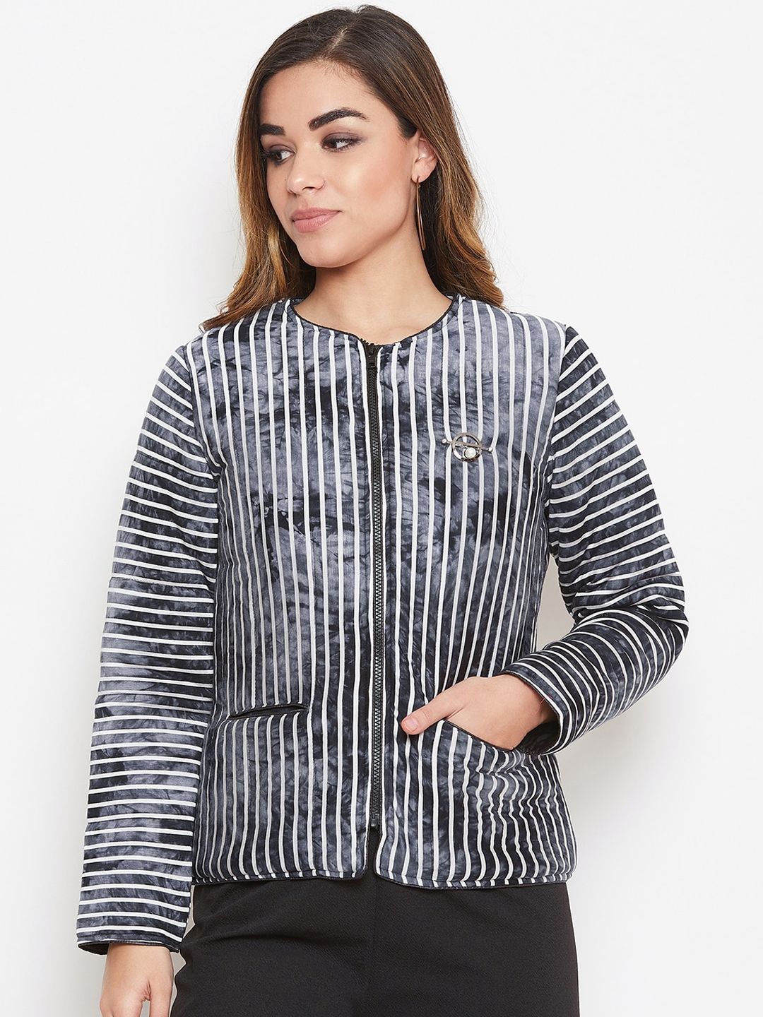 armure Women Black & Grey Striped Lightweight Tailored Jacket Price in India