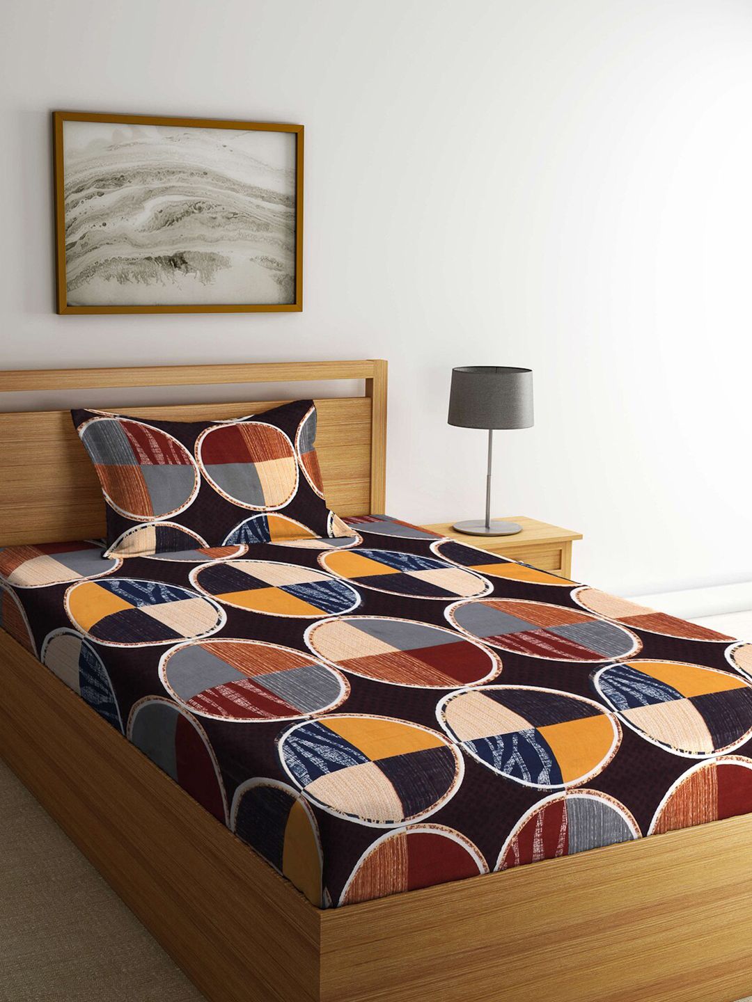 Arrabi Multicoloured Geometric Printed 300 TC Single Bedsheet with 1 Pillow Covers Price in India