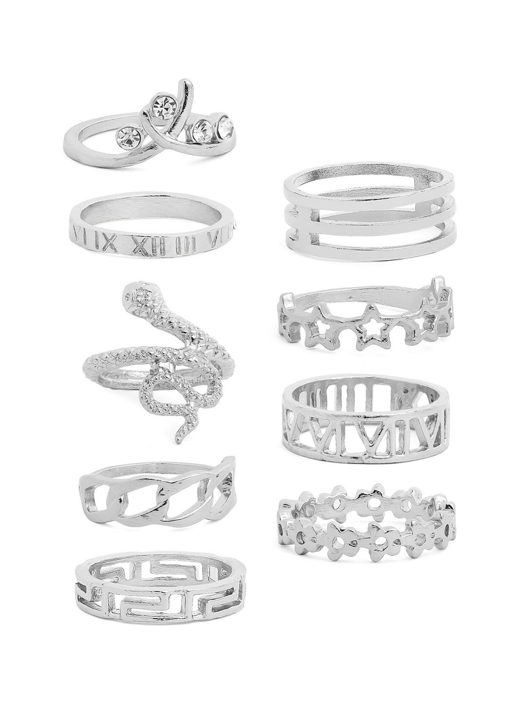TOKYO TALKIES X rubans FASHION ACCESSORIES Silver Toned Set of 9 Finger Rings Price in India