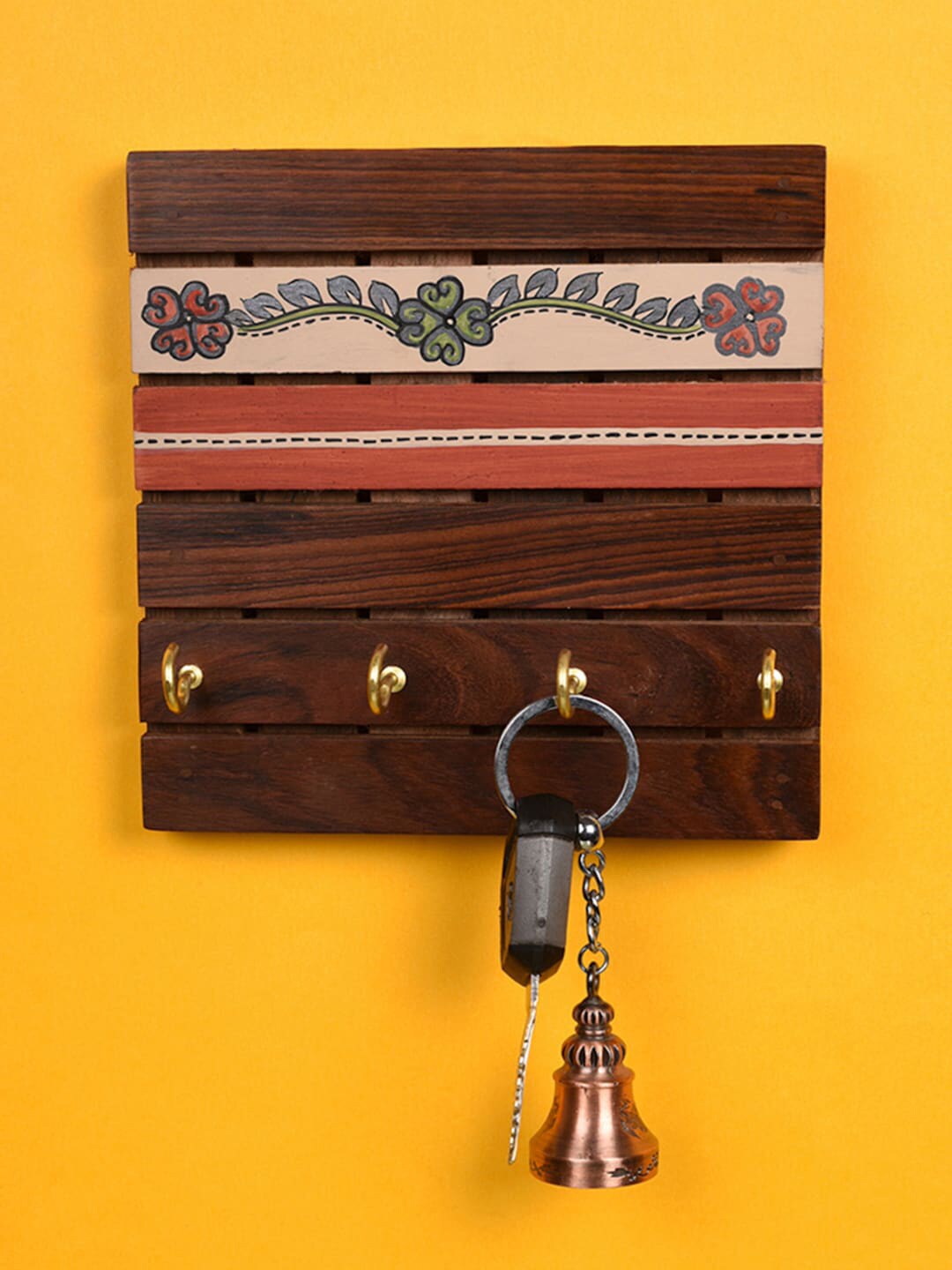 AAKRITI ART CREATIONS Brown Handcrafted Tribal Art Key Holder With 4 hooks Price in India