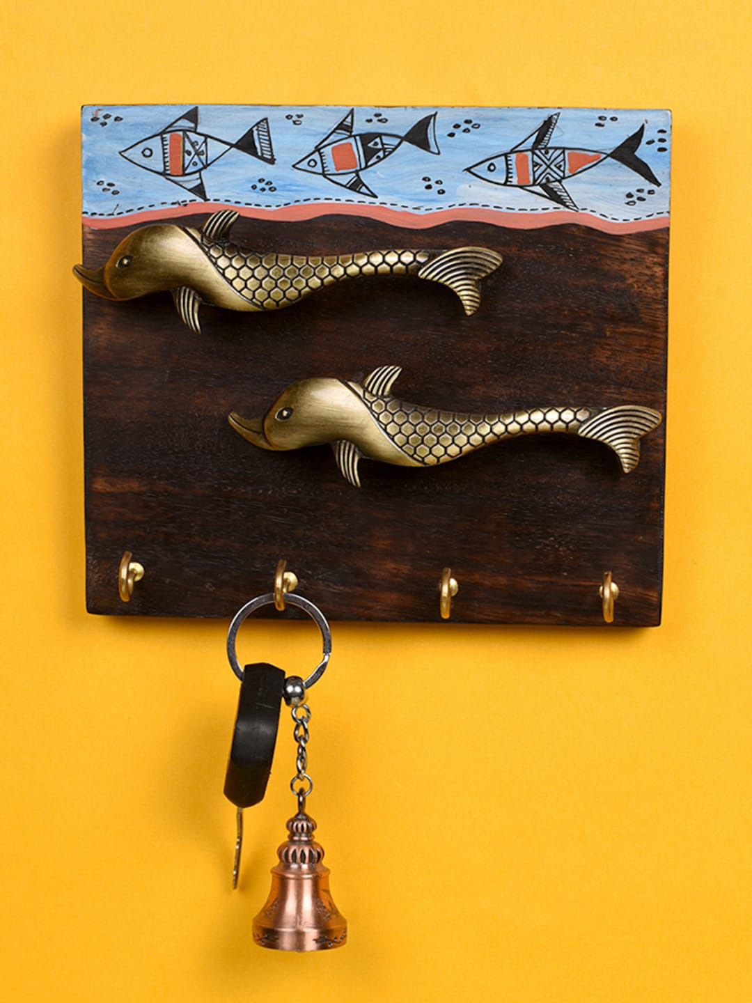 AAKRITI ART CREATIONS Brown Handcrafted Tribal Art Fish Handle Key Holder With 4 Hooks Price in India
