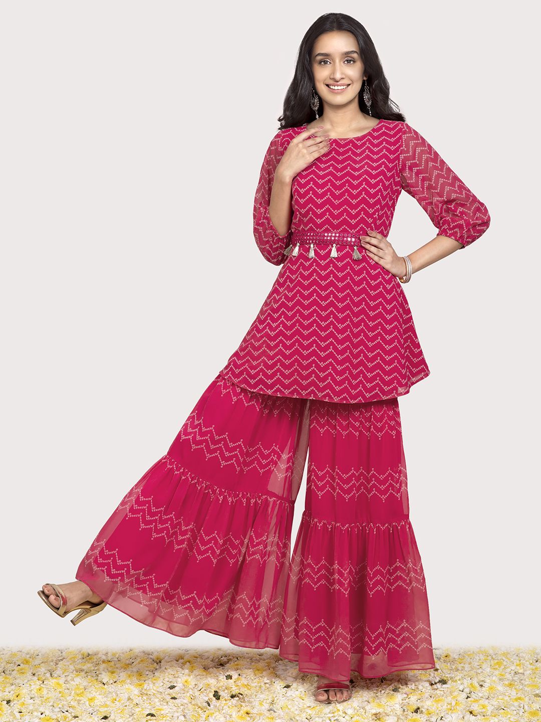 INDYA X Shraddha Kapoor Women Pink & White Bandhej Chevron Tiered Sharara Pants Price in India
