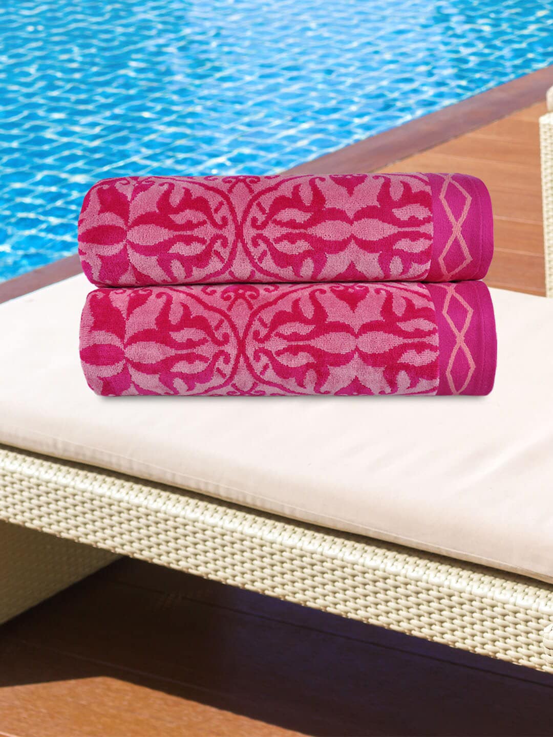 Trident Set Of 2 Pink Jacquard 450 GSM Antimicrobial Beach Towels Price in India