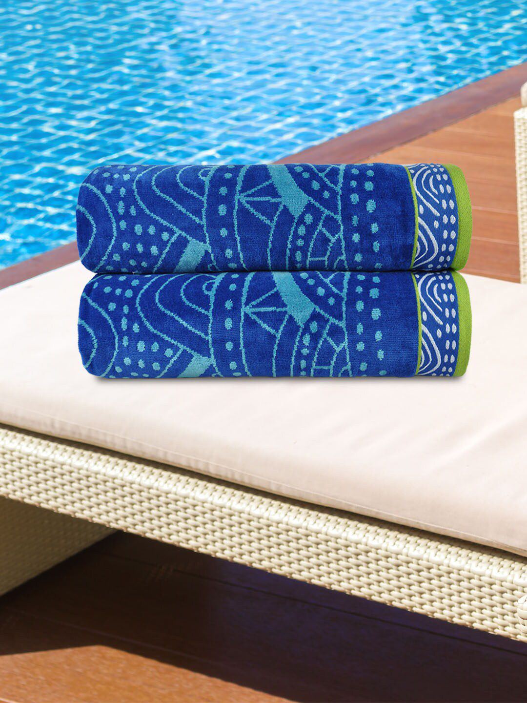Trident Set Of 2 Blue Jacquard 450 GSM Antimicrobial Beach Towels Price in India