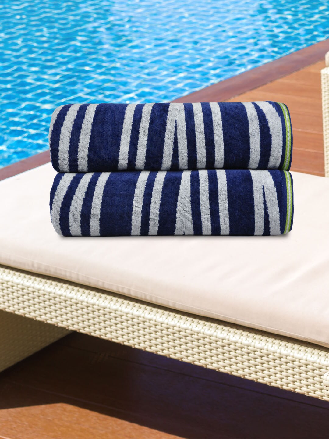Trident Set Of 2 Navy Blue & White Striped Jacquard 450 GSM Antimicrobial Beach Towels Price in India