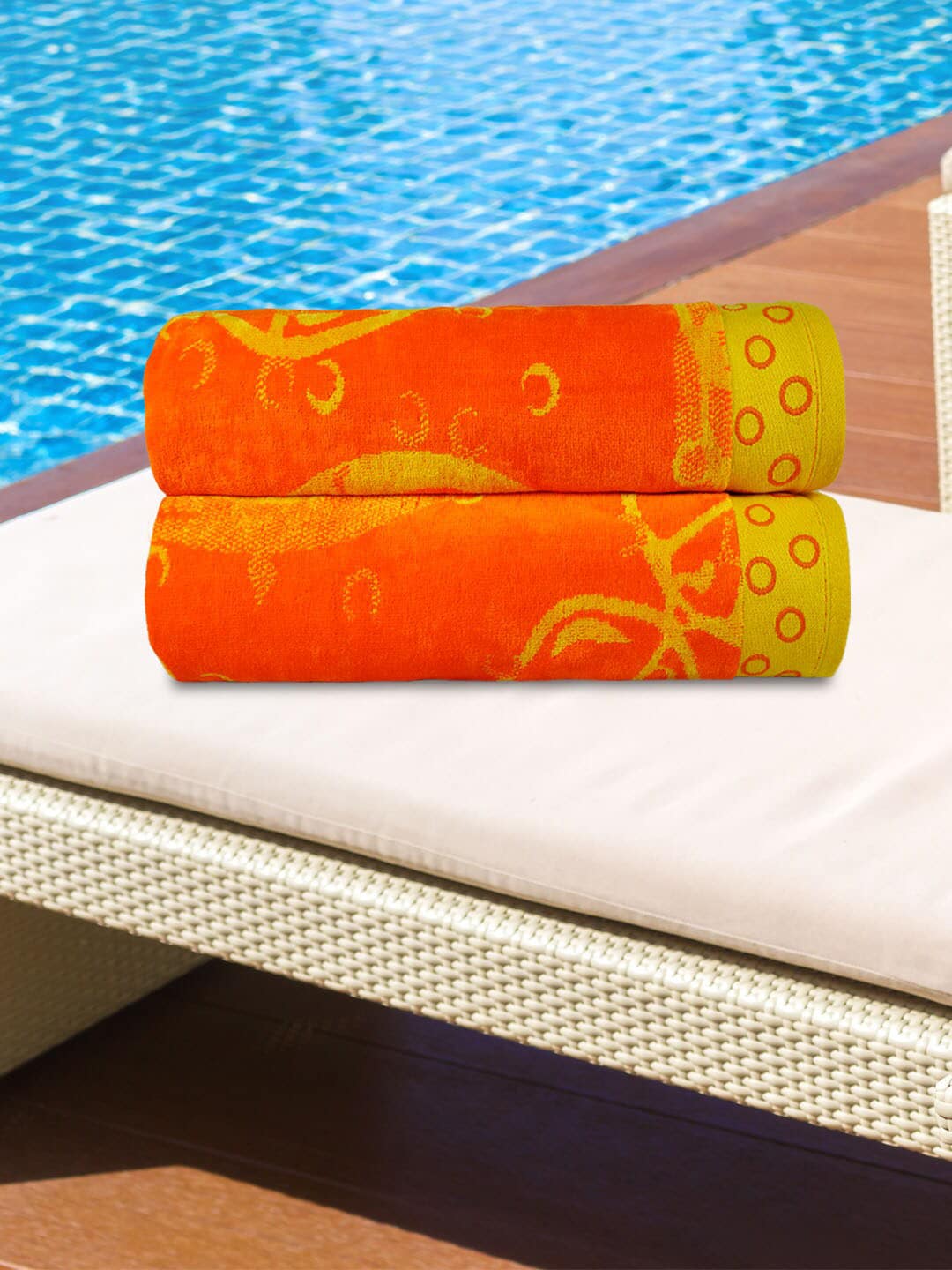 Trident Set Of 2 Orange Jacquard 450 GSM Antimicrobial Beach Towels Price in India