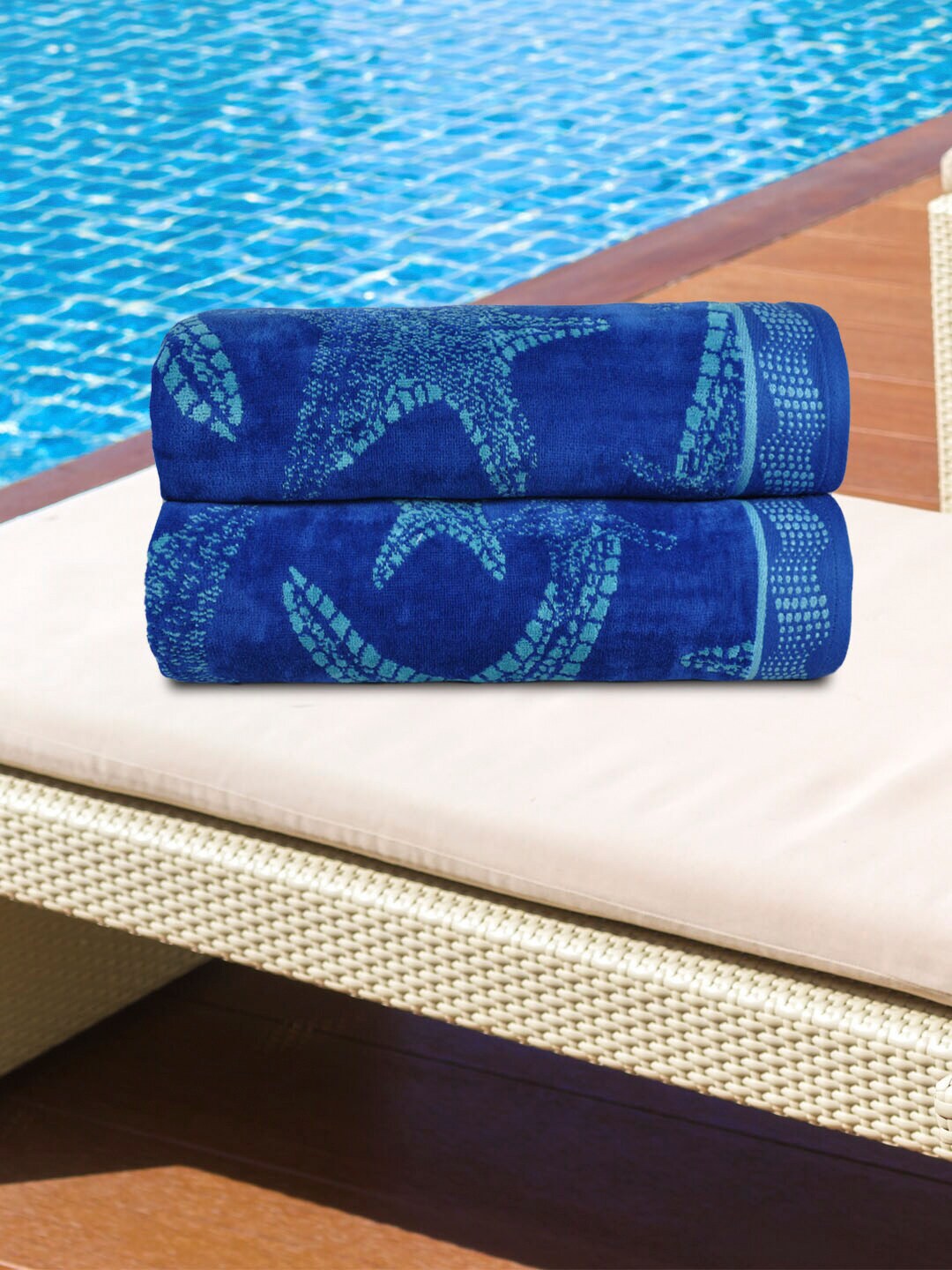 Trident Set Of 2 Blue Jacquard 450 GSM Antimicrobial Beach Towels Price in India