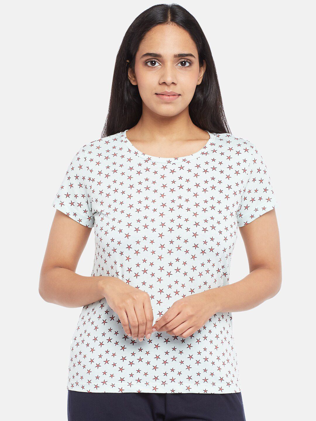 Dreamz by Pantaloons Women Off White & Pink Pure Cotton Lounge T-Shirt Price in India