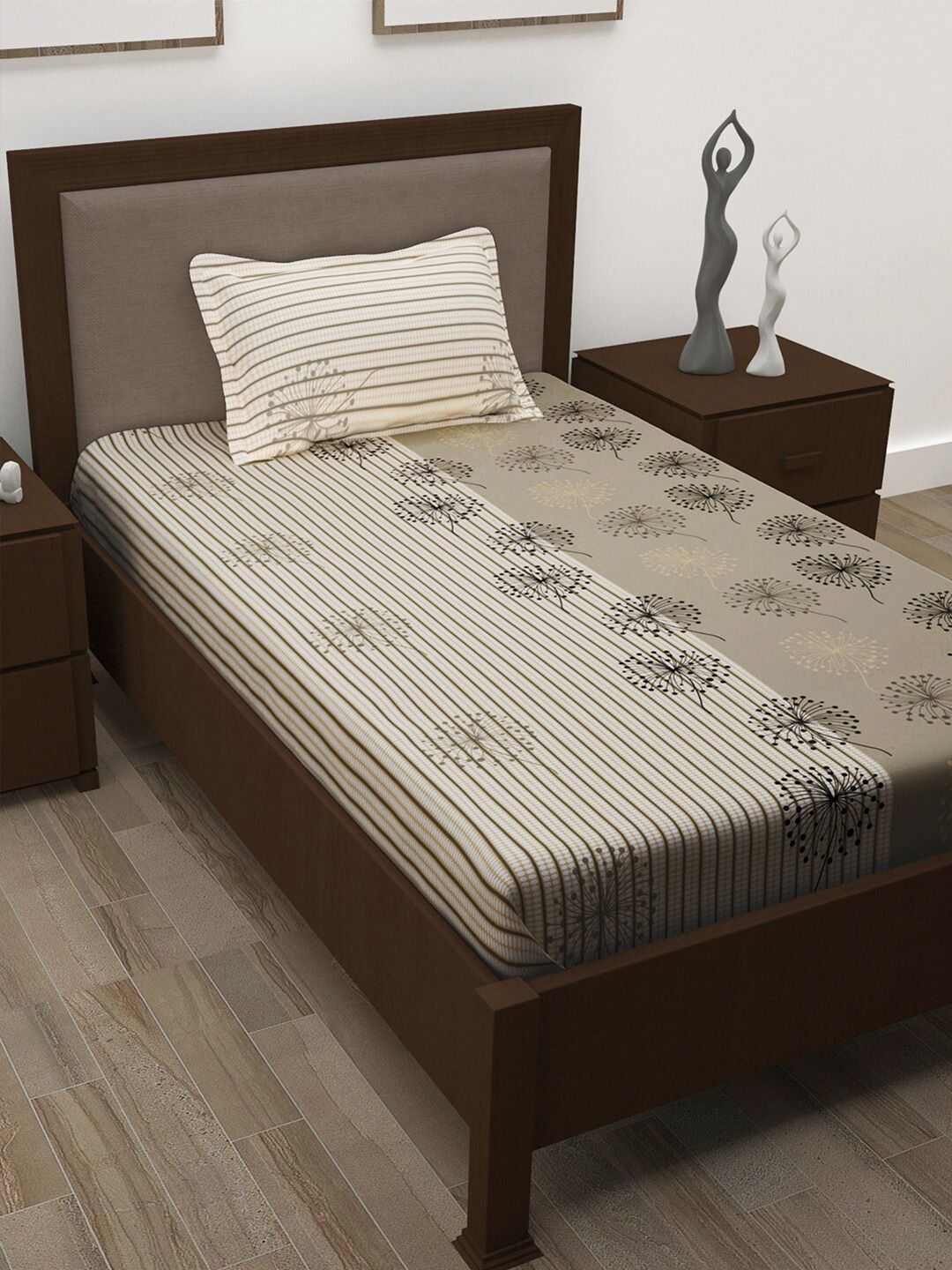 Story@home Grey & Brown 186 TC Pure Cotton Single Bedsheet with 1 Pillow Covers Price in India