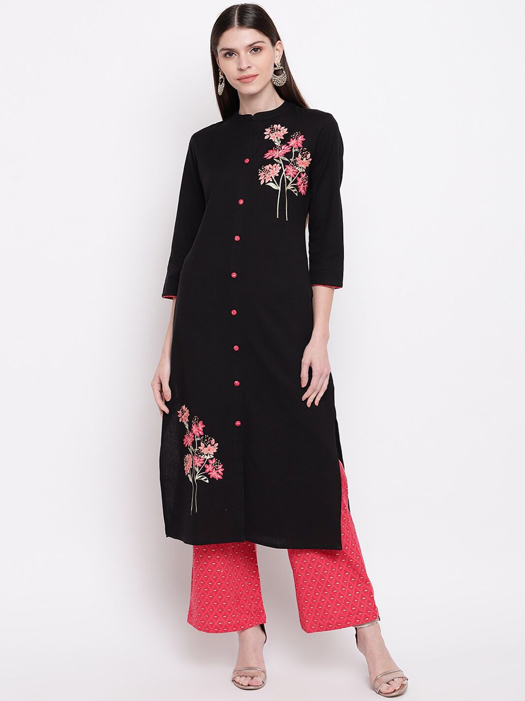 Palakh Women Black & Pink Floral Embroidered Regular Pure Cotton Kurta with Palazzos