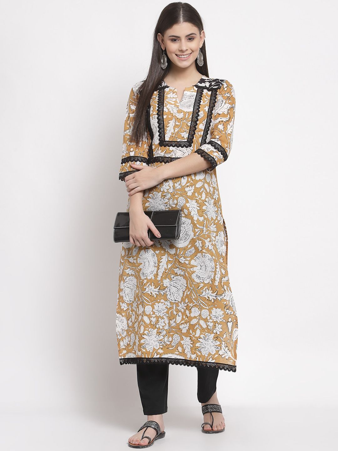 Yuris Women Mustard Yellow & Black Floral Printed Pure Cotton Kurta Price in India