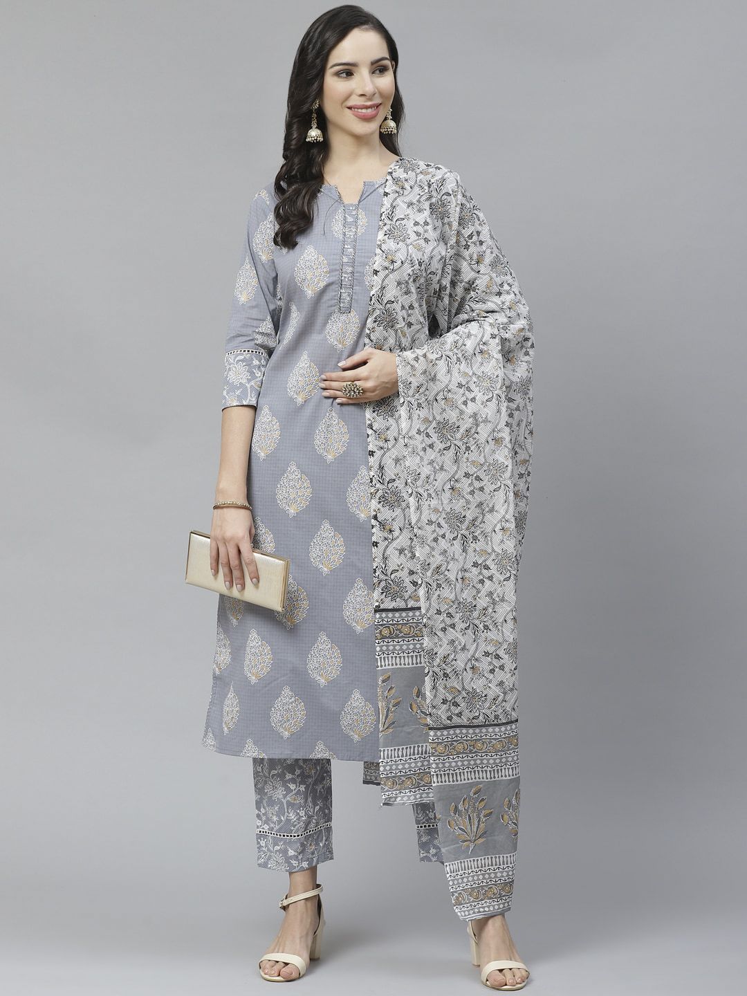 Yuris Women Grey Ethnic Motifs Printed Regular Pure Cotton Kurti with Trousers & With Dupatta Price in India