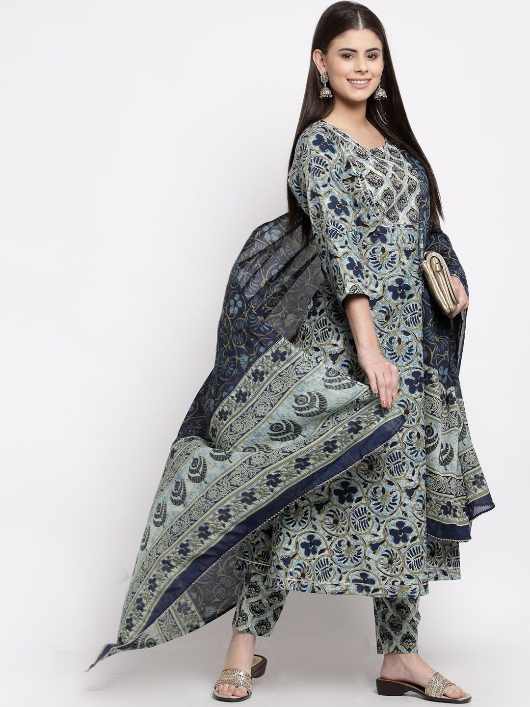 Yuris Women Blue Floral Printed Pure Cotton Kurta with Trousers & Dupatta Price in India