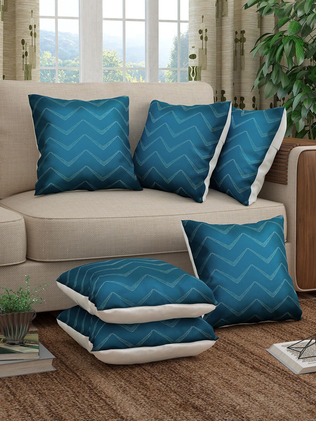 Story@home Teal & White Set of 6 Striped Square Cushion Covers Price in India