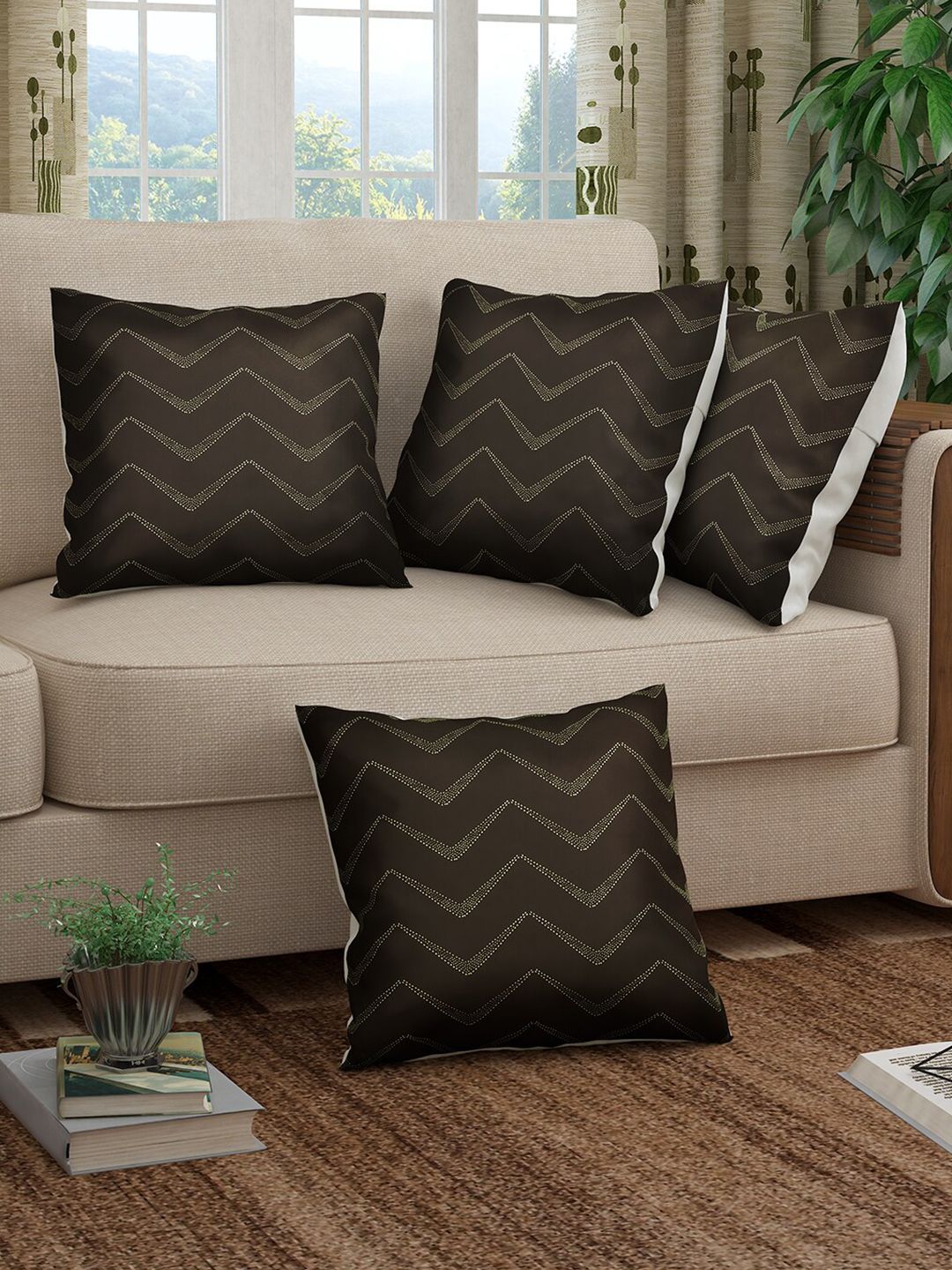 Story@home Brown & White Set of 4 Striped Square Cushion Covers Price in India