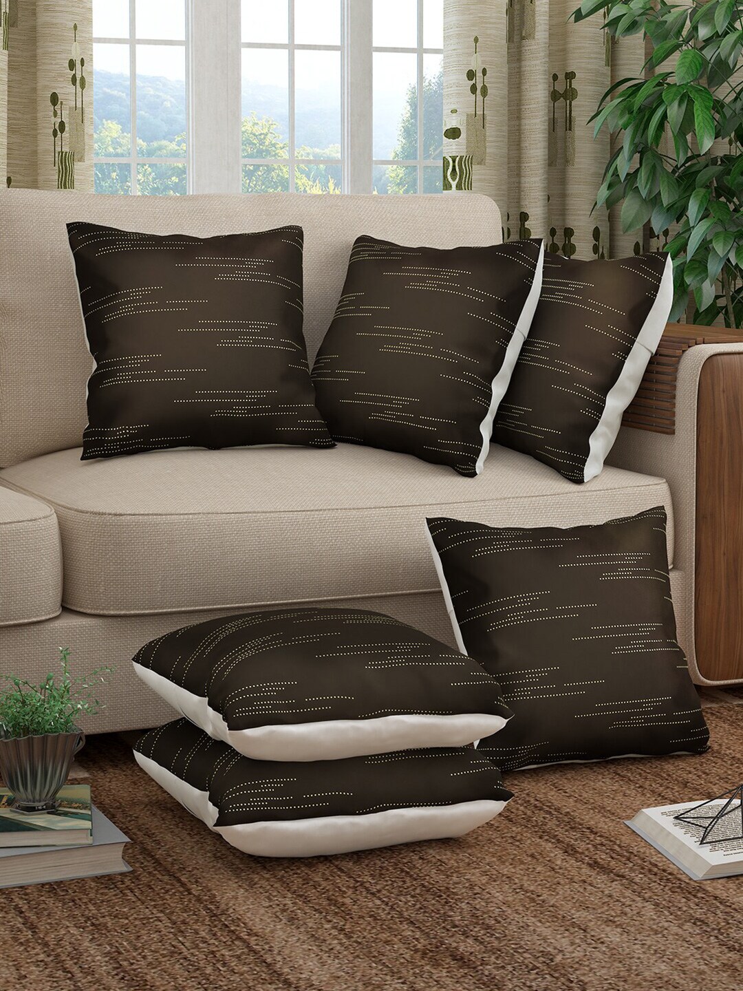 Story@home Brown & Gold-Toned Set of 6 Striped Square Cushion Covers Price in India