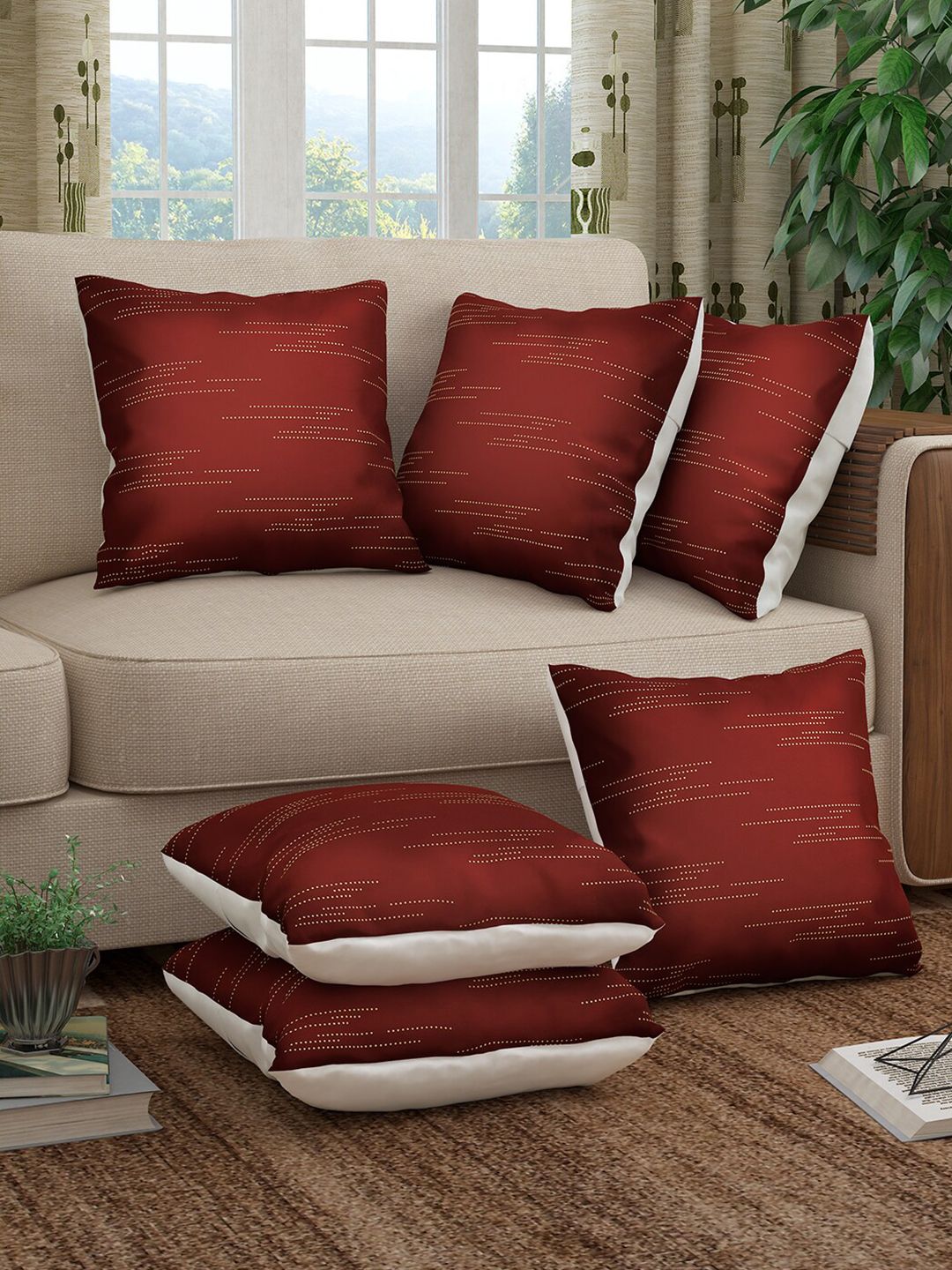 Story@home Red & White Set of 6 Striped Square Cushion Covers Price in India