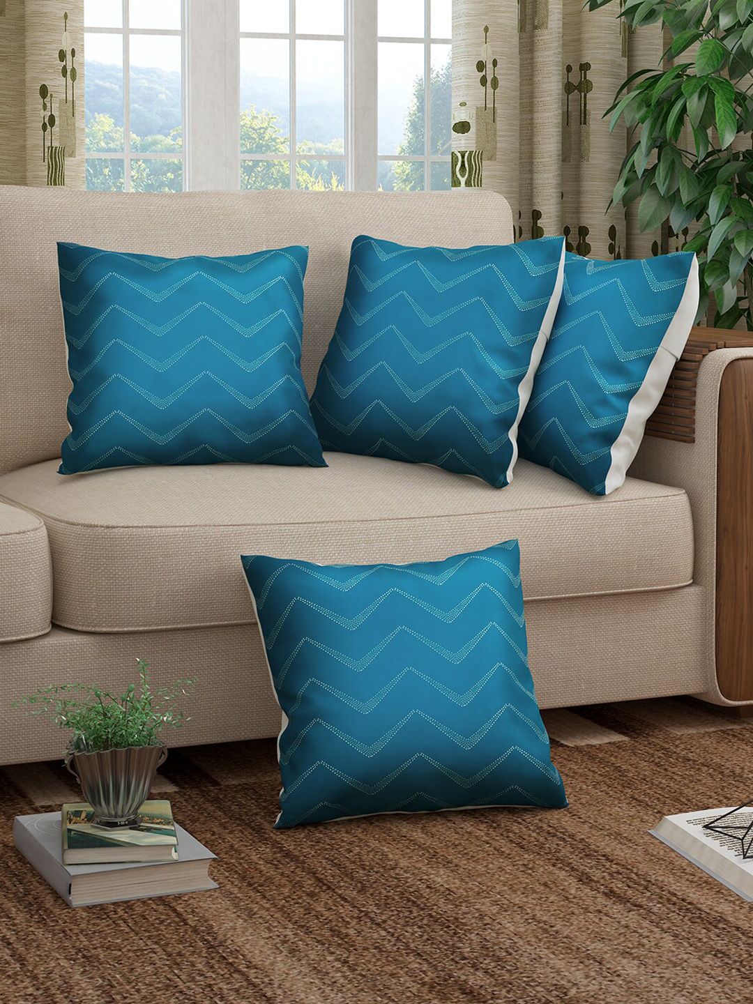 Story@home Blue & White Set of 4 Striped Square Cushion Covers Price in India
