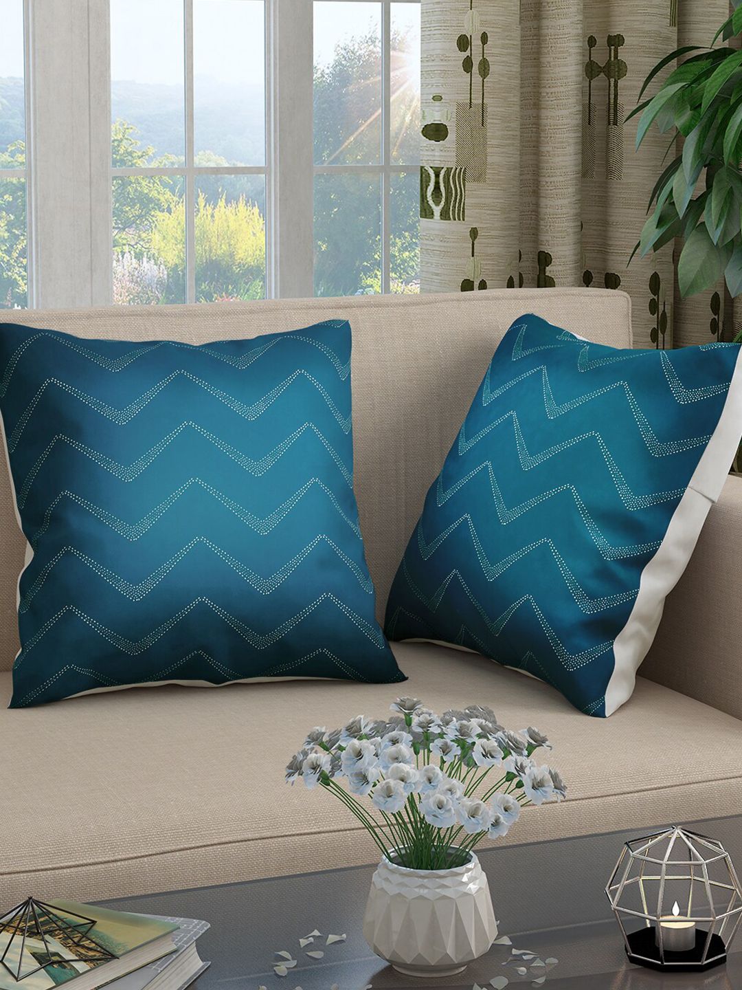 Story@home Blue & White Set of 2 Striped Square Cushion Covers Price in India