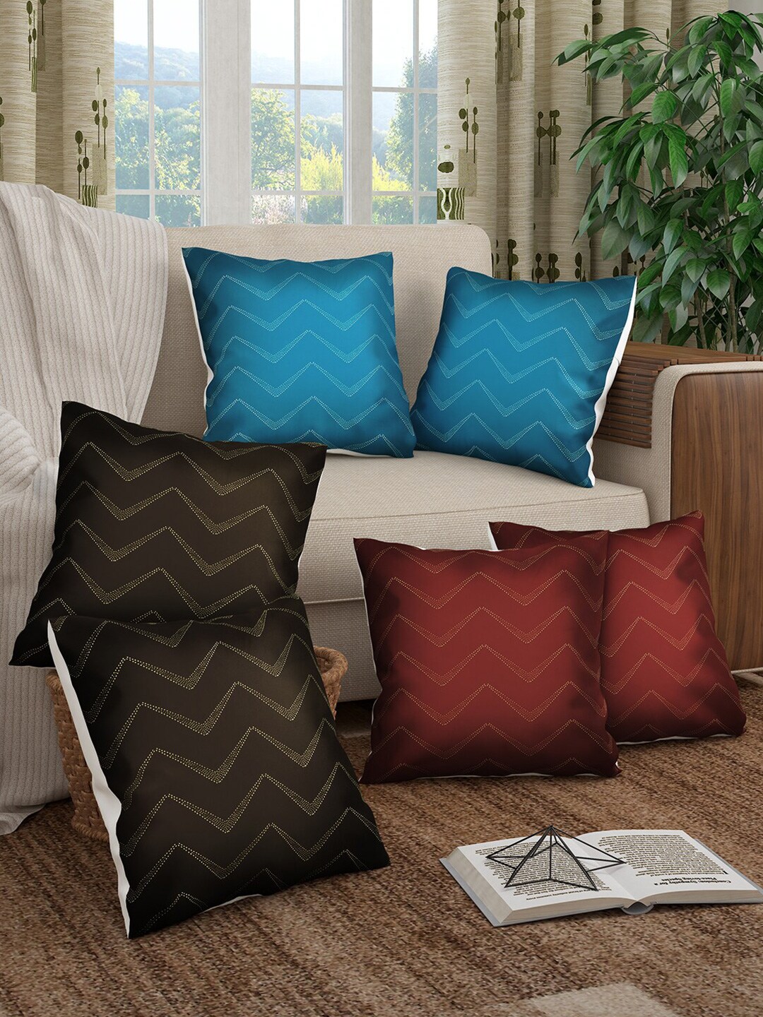 Story@home Blue Maroon & Brown Set of 6 Striped Square Cushion Covers Price in India