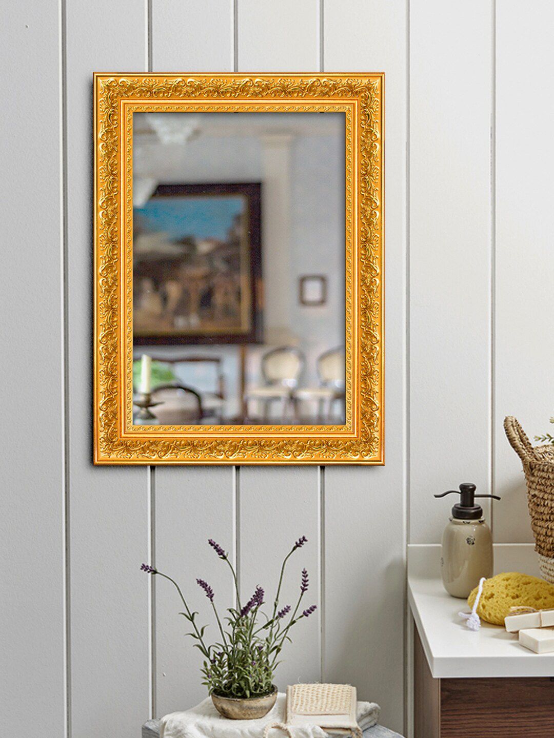 999Store Gold-Toned Textured Framed Wall Mirror Price in India